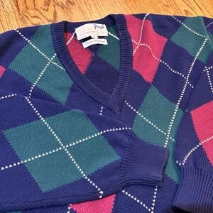 Vintage Pringle Sports Argyle V Neck Sweater Mens M 100% Cotton Golf‎ Preppy